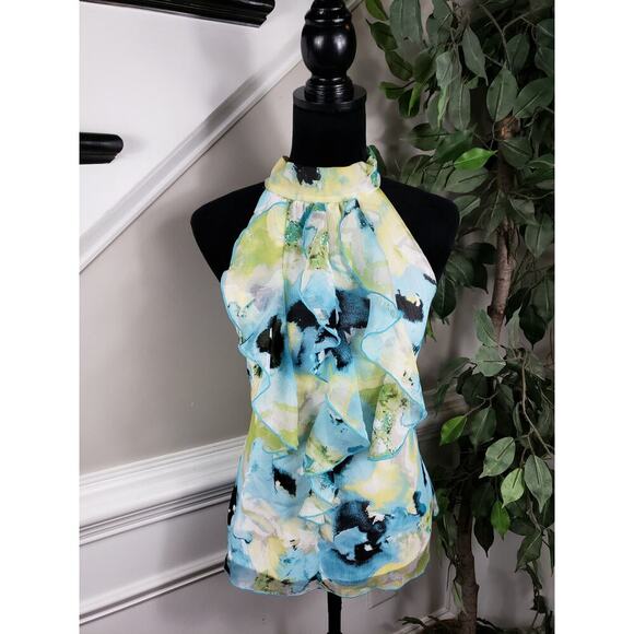 BCX Tank Top Women's Small Halter Neck Sleeveless Beautiful Ruffle Watercolor - Picture 2 of 10